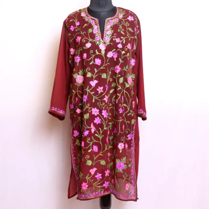 Classic All Over Aari Embroidered Maroon Georgette Kurti - Gulbano Collection