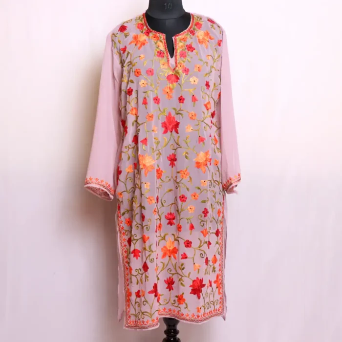 All Over Aari Embroidered Lavender Georgette Kurti with Kashmiri Touch - Gulbano Collection