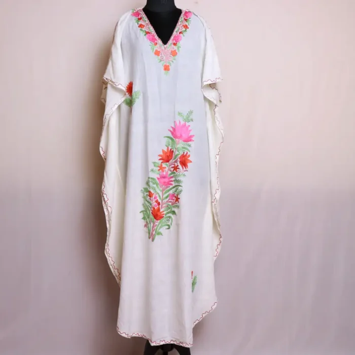 Kashmiri Aari Embroidered Off-White Long Cotton Kaftan for Summer - Dal Collection