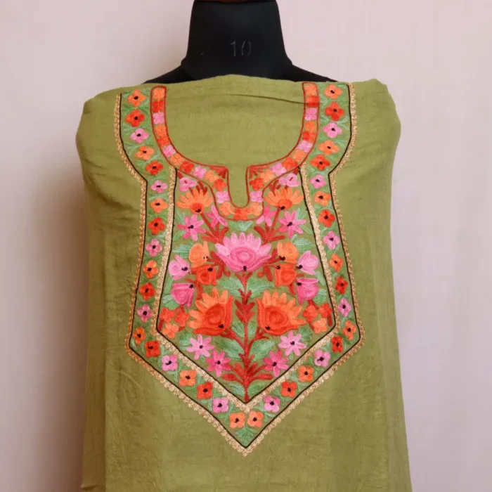 Olive Green 2PC Crush Cotton Suit With Kashmiri Ari and Tilla Work - Dal Gate Collection