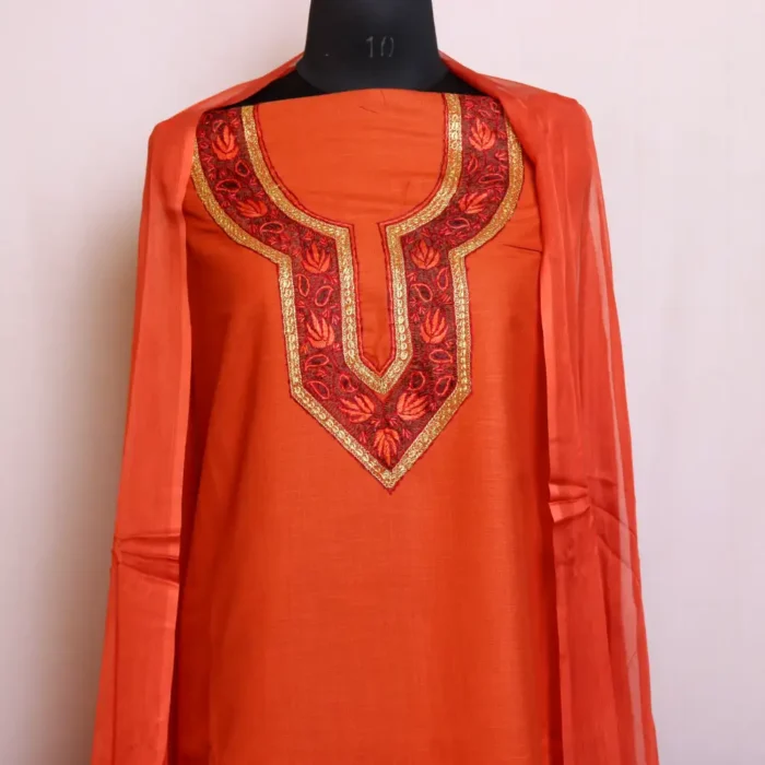 Orange 3PC Cotton Kashmiri Suit With Dupatta | Hand Sozni and Tilla embroidery - Nowhatta Collection