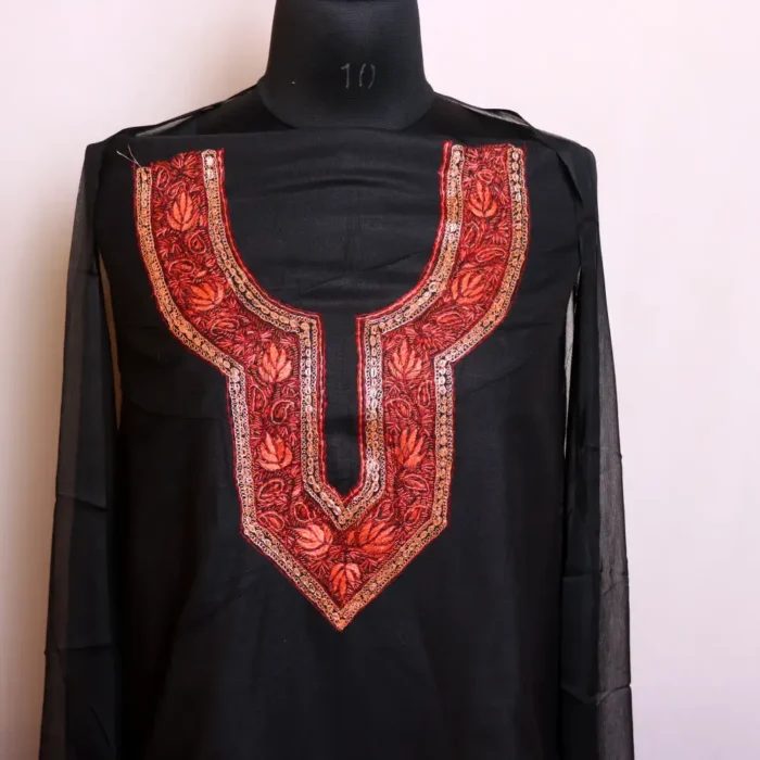 Black 3PC Cotton Kashmiri Suit With Dupatta | Hand Sozni and Tilla embroidery - Nowhatta Collection