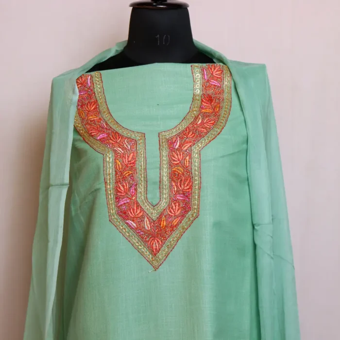 Sea Green 3PC Cotton Kashmiri Suit With Dupatta | Hand Sozni and Tilla embroidery - Nowhatta Collection