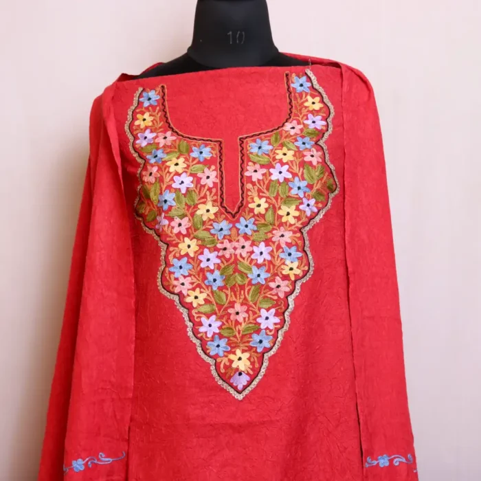 Dark Pink 3PC Crush Cotton Kashmiri Suit With Dupatta and Aari Embroidery - Dal Gate Collection