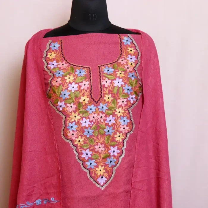 Pink 3PC Crush Cotton Kashmiri Suit With Dupatta and Aari Embroidery - Dal Gate Collection