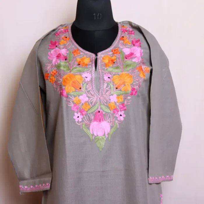 Elegant Cotton Kashmiri Grey Kurti for Summer with Aari Embroidery - Nowhatta Collection