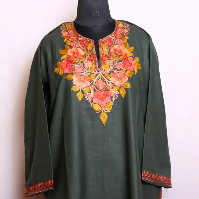 Comfortable Kashmiri Forest Green Cotton Kurti for Summer - Nowhatta Collection