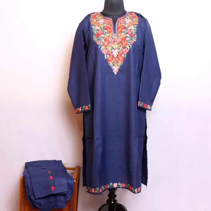 Kashmiri Dark Blue Cotton Kurta Set with Aari Embroidery - Nowhatta Collection