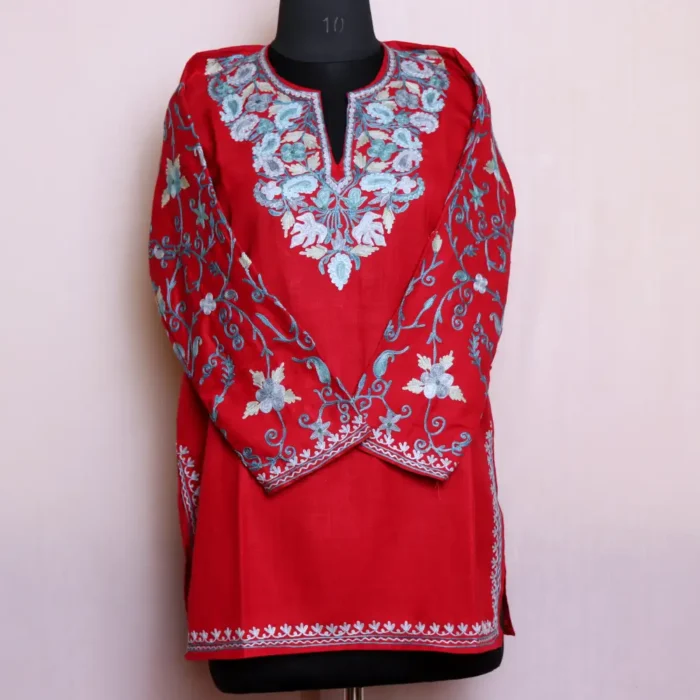 Elegant Red Short Kurti with Kashmiri Aari Embroidered Sleeves - Zikar Collection