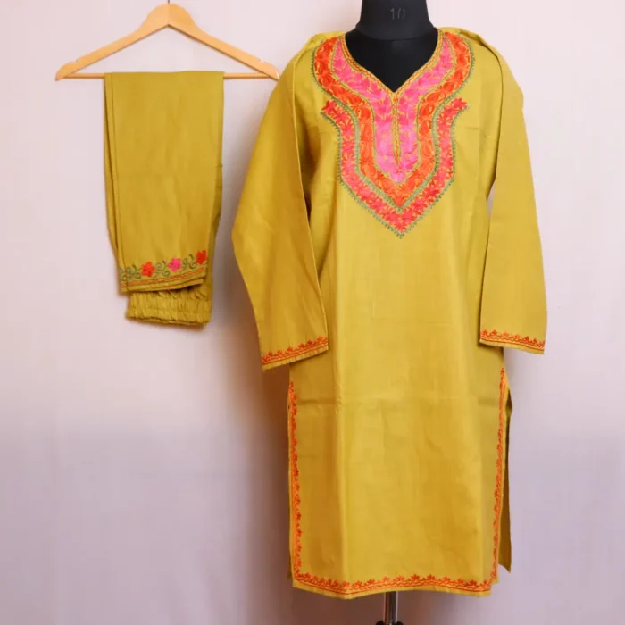 Mustard Kashmiri Cotton Kurta | Co-ord Set with Aari Embroidery - Nowhatta Collection