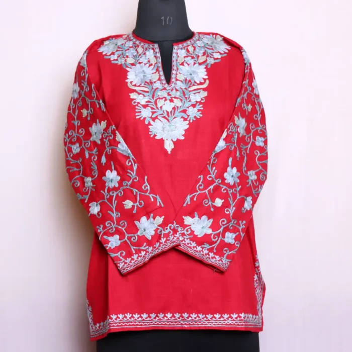 Charming Red Short Kurti with Fine Kashmiri Aari Sleeve Embroidery - Zikar Collection