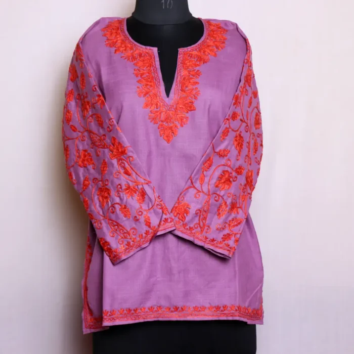 Adorable Purple Short Kurti with Stunning Kashmiri Aari Embroidered Sleeves - Zikar Collection