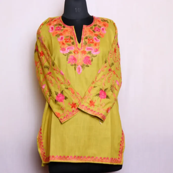 Classic Mehndi Green Short Kurti with Elegent Kashmiri Aari Embroidery on Sleeves - Zikar Collection