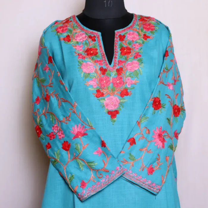 Soft Sea Green Colored Cotton Kurti with Exquisite Kashmiri Aari Embroidery – Zikar Collection