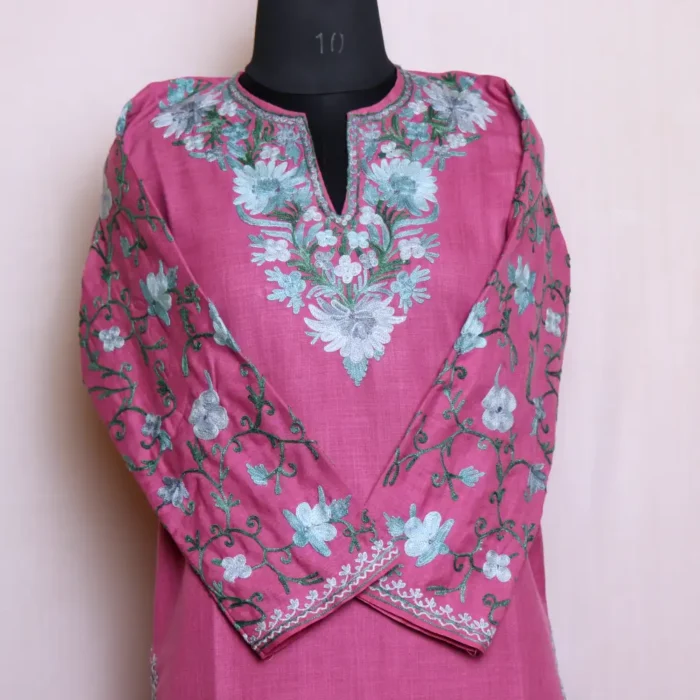 Classic Pinkish Cotton Kurti with Aari Embroidered Sleeves - Zikar Collection