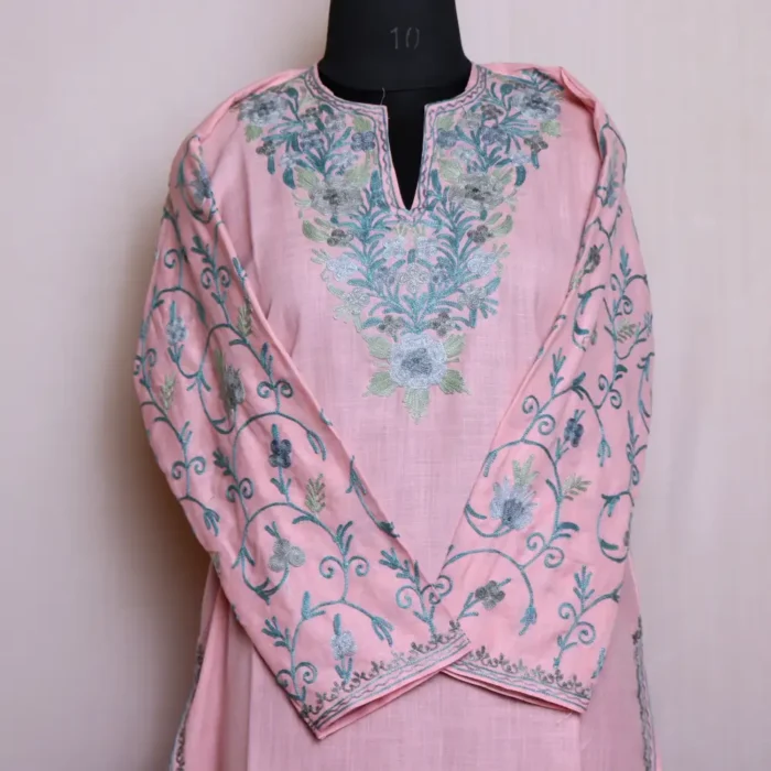 Light Pink Cotton Kurti with Elegant Aari Work on Sleeves - Zikar Collection