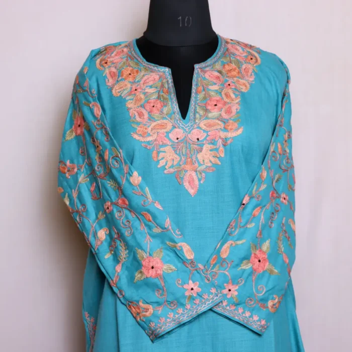 Beautiful Sea Green Kashmiri Cotton Kurti with Aari Embroidery on Sleeves - Zikar Collection