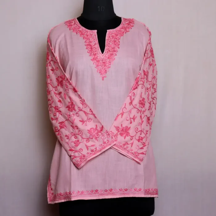 Pinkish Short Cotton Kurti with Refined Kashmiri Aari Sleeve Embroidery - Zikar Collection