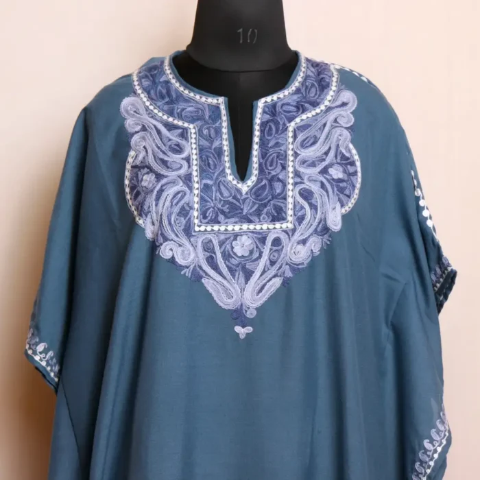 Elegant Kashmiri Summer Long Dusk Blue Kaftan Dress in Summer Cool Fabric with Aari Embroidery - Zikar Collection