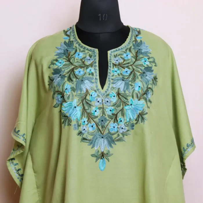 Beautiful Aari Embroidered Pale Green Long Kashmiri Summer Kaftan Dress - Zikar Collection