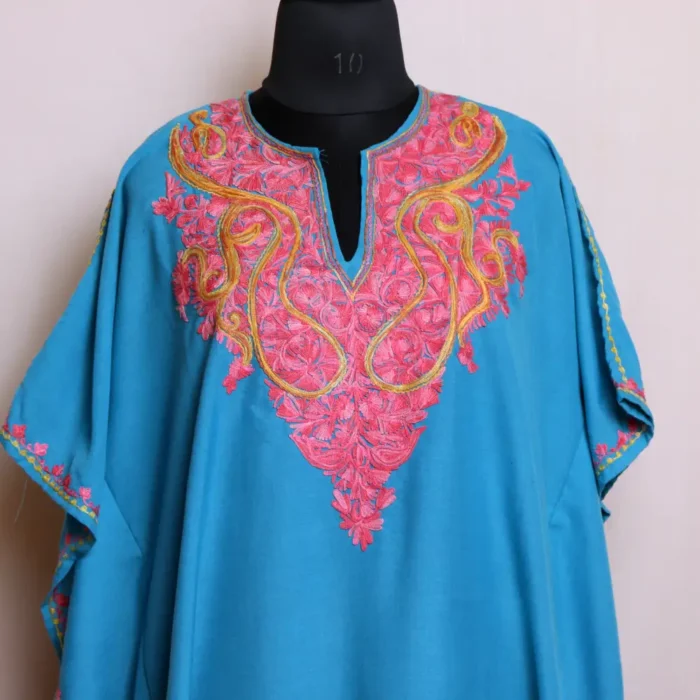 Comfortable Kashmiri Long Blue Summer Kaftan Dress in Summer Cool Fabric - Zikar Collection