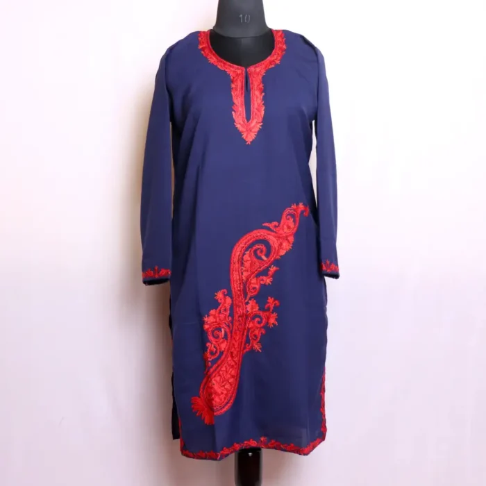 Dark Blue Summer Cool Kashmiri Handa  Aari Work Kurta - Nowhatta Collection