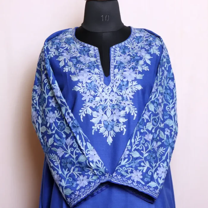 Midnight Blue Kashmiri Cotton Kurti with Beautiful Aari Work - Nowhatta Collection