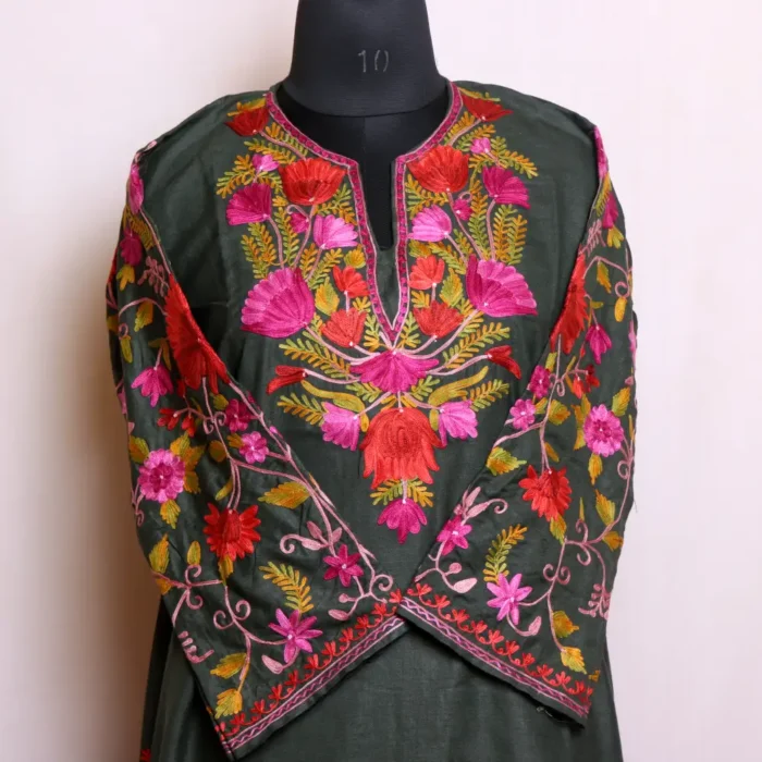 Forest Green Cotton Kashmiri Sleeve Aari Embroidered Kurta - Nowhatta Collection