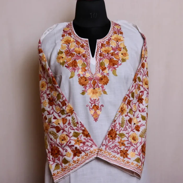 Kashmiri Cream Color Cotton Kurta with Sleeve Aari Embroidery - Nowhatta Collection