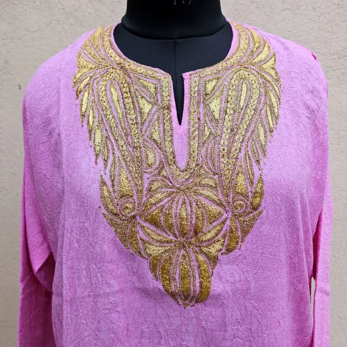 Purple Kashmiri Work Crush Cotton Top with Tilla Embroidery