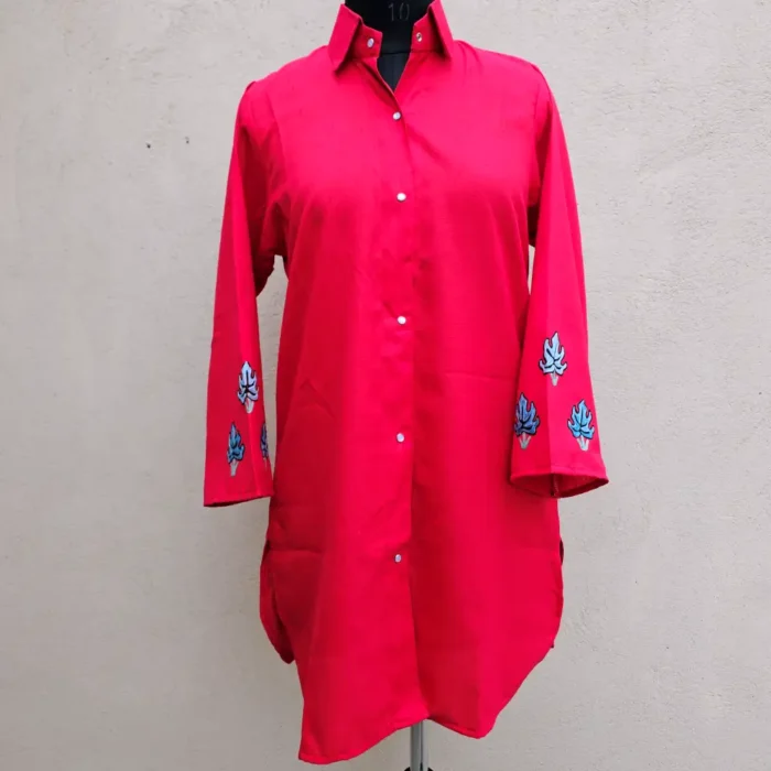 Red Western Top with Aari Embroidery | Collar Style with Buttons