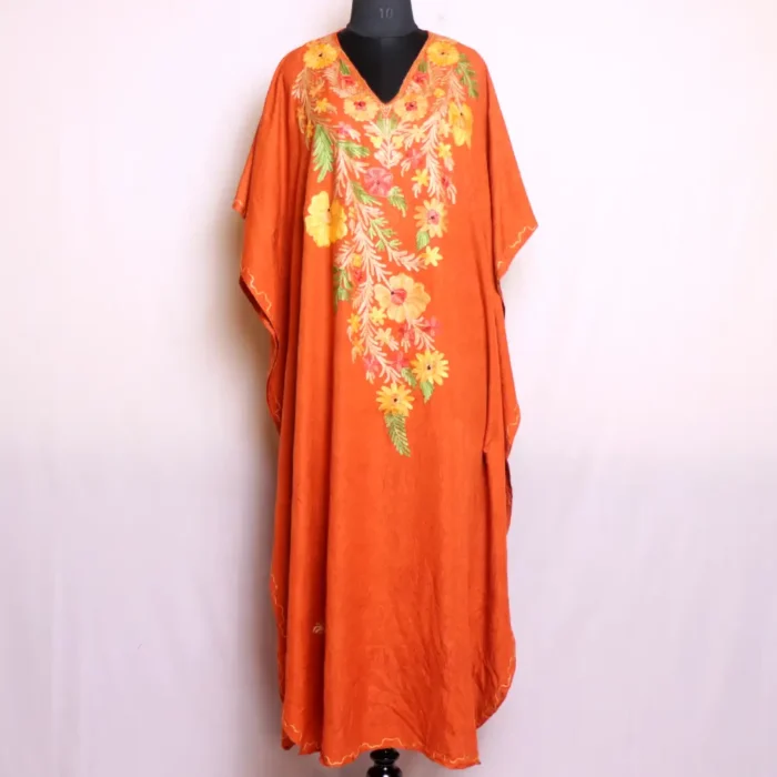 Simple and Elegant Kashmiri Long Rustic Orange Kaftan with Aari Embroidery - Dalgate Collection