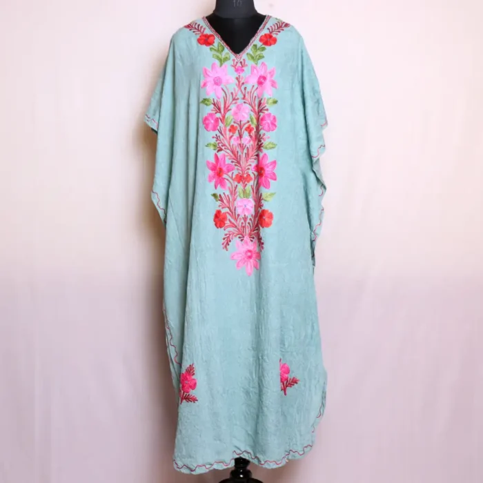 Graceful Aqua Green Kashmiri Long Kaftan in Crush Cotton - Dalgate Collection