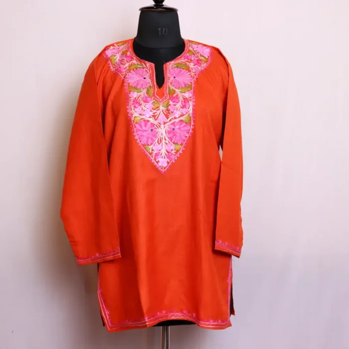 Beautiful Aari Embroidered Kashmiri Rustic Orange Short Cotton Kurti - Baghmehtab Collection