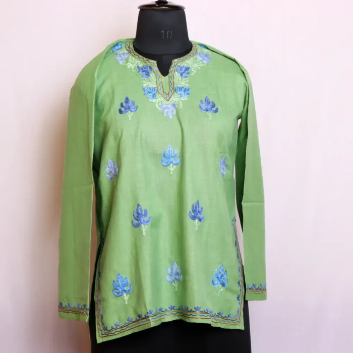 Elegant Kashmiri Short Cotton Sea Green Kurti with Aari Embroidery - Baghmehtab Collection