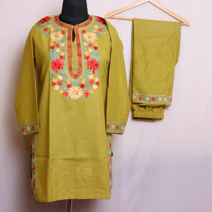 Kashmiri Mehndi Green Short Kurti Pant Set with Aari Embroidery in Cotton - Nowhatta Collection