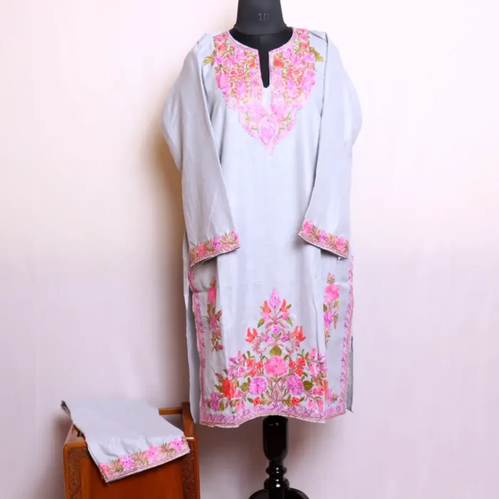 Kashmiri Grey Cotton Kurta Set with Beautiful Aari Damaan Embroidery - Nowhatta Collection