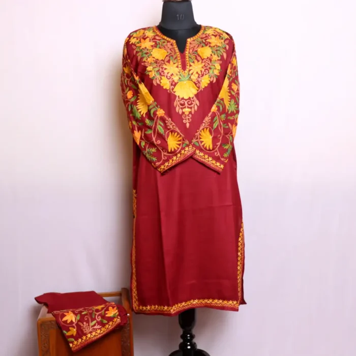 Kashmiri Sleeve Aari Embroidered Maroon Kurta Set in Soft Cotton - Nowhatta Collection