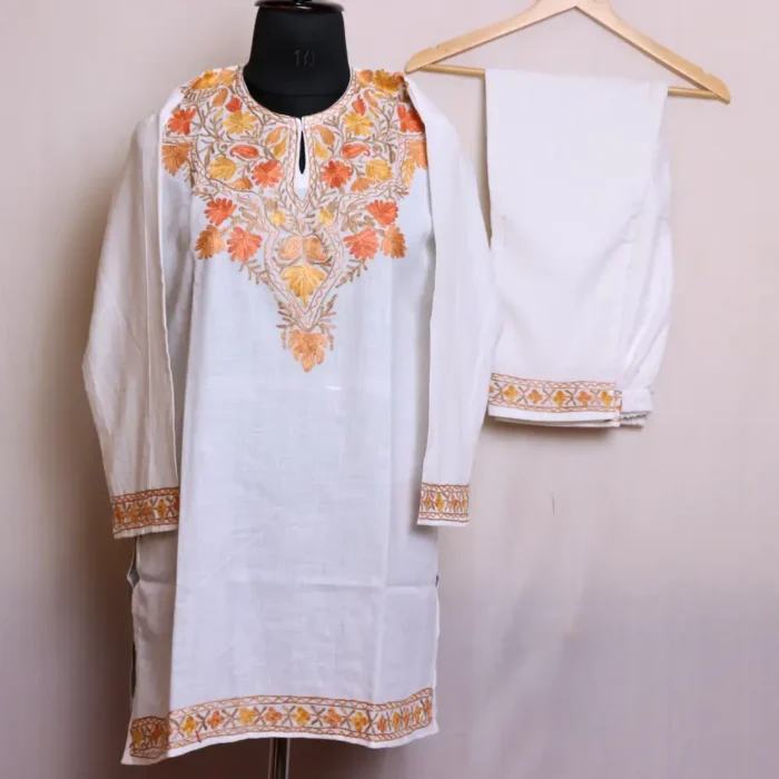 Creamy Short Kashmiri Kurti with Matching Pants & Aari Embroidery - Nowhatta Collection