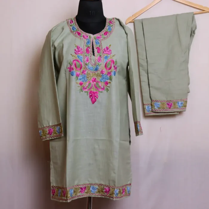 Laurel Green Cotton Aari Embroidered Kashmiri Short Kurti Pant Set - Nowhatta Collection