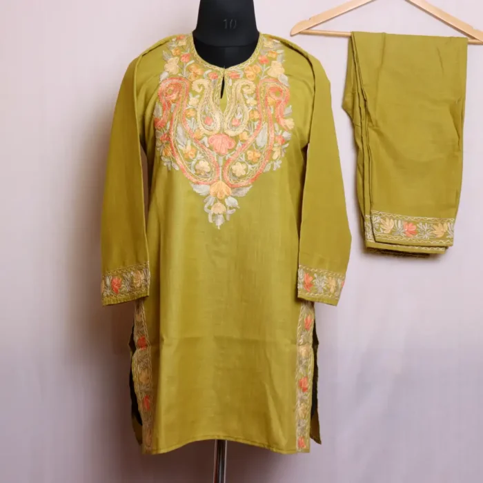 Mehndi Green Cotton Kashmiri Kurti Pant Set with Elegant Aari Work - Nowhatta Collection