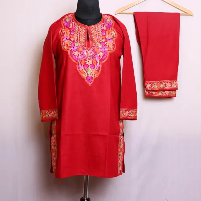 Red Kashmiri Cotton Kurti Pant Set with Beautiful Aari Detailing - Nowhatta Collection