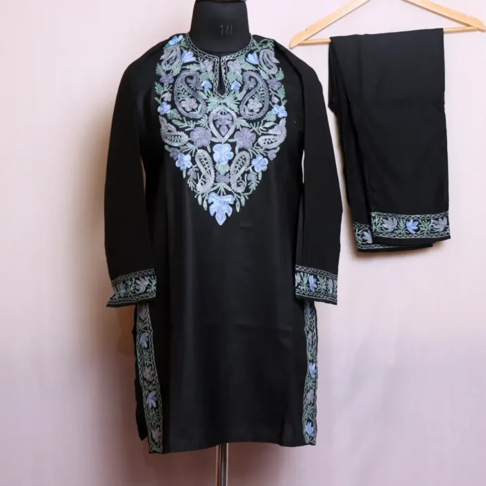 Black Short Kashmiri Kurti Pant Set with Aari Embroidery - Nowhatta Collection