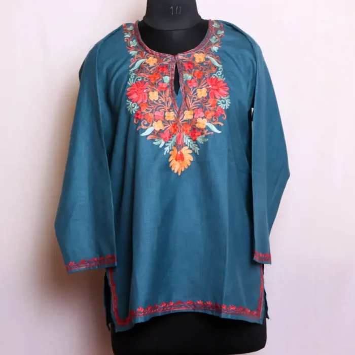 Elegant Teal Green Cotton Short Kashmiri Kurta with Aari Embroidery - Nowhatta Collection