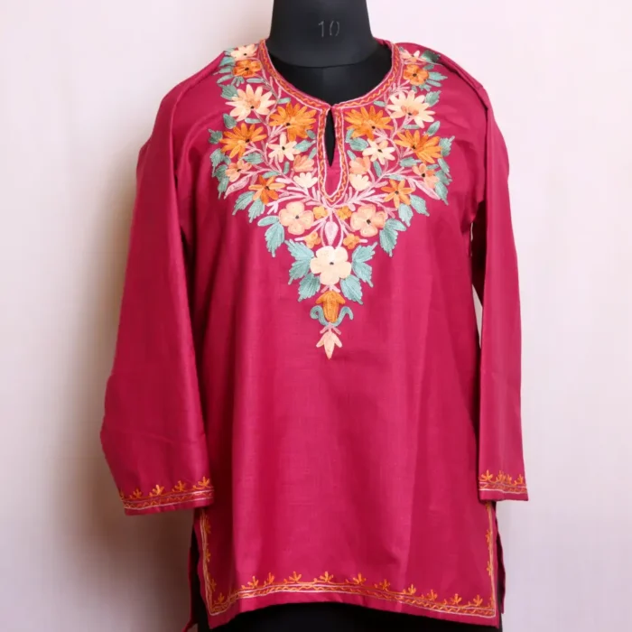 Stylish Aari Embroidered Magenta Cotton Short Kurta - Nowhatta Collection