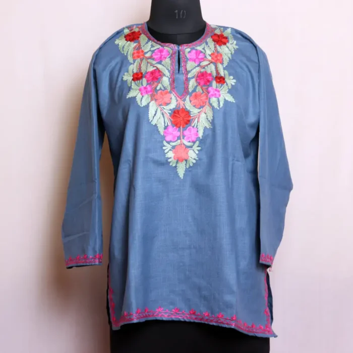 Classic Kashmiri Steel Blue Cotton Short Kurta with Aari Design - Nowhatta Collection