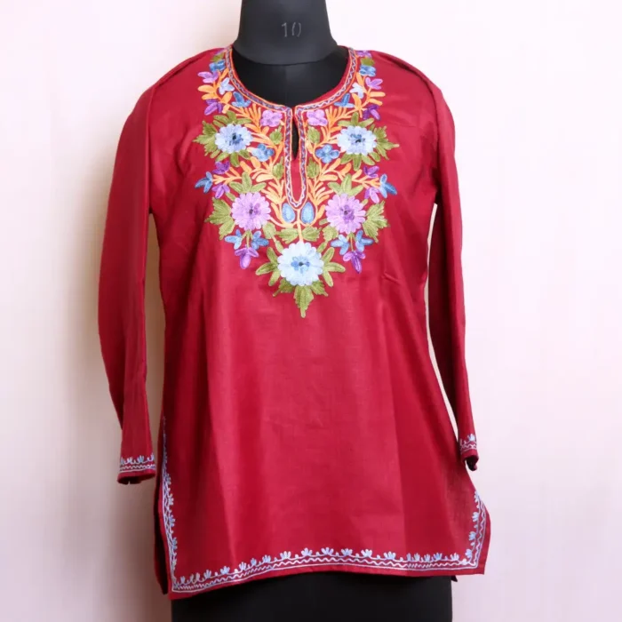 Graceful Short Magenta Kashmiri Kurta in Cotton with Aari Embroidery - Nowhatta Collection