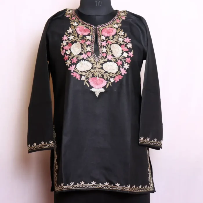 Black Cotton Short Kurta with Kashmiri Aari Work - Nowhatta Collection