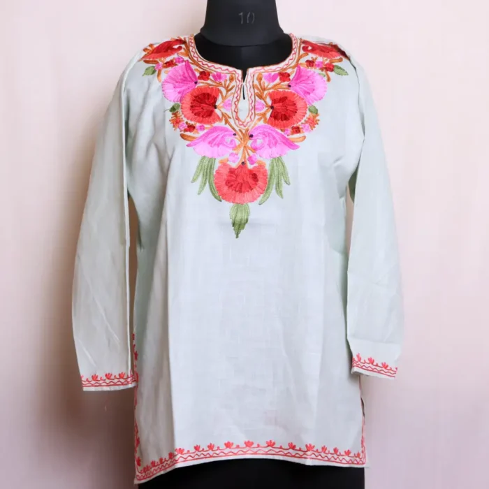 Everyday Comfort Short Baby Blue Kashmiri Cotton Kurta with Aari Embroidery - Nowhatta Collection