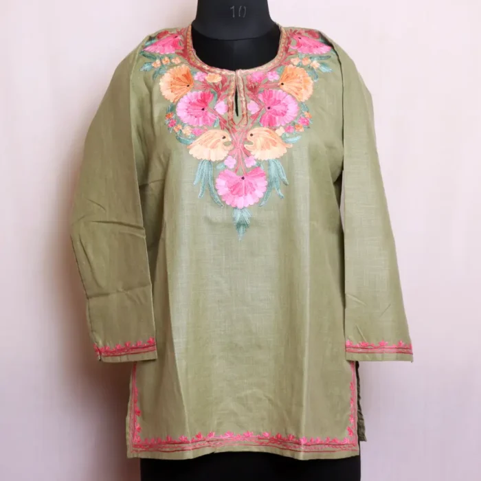 Rich Aari Embroidered Pale Green Short Kurta in Soft Cotton - Nowhatta Collection